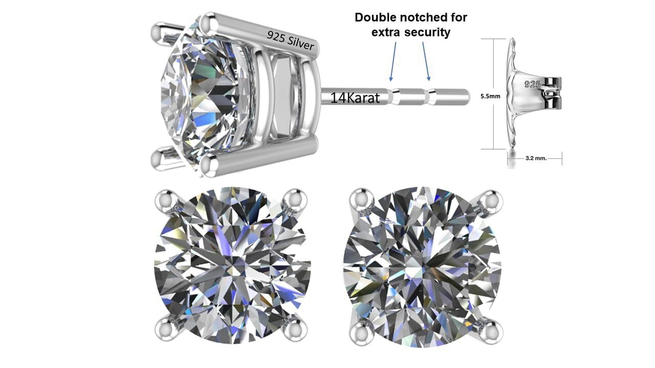 Central Diamond Center 2 Carat total weight Moissanite Stud Earrings Sterling Silver with 14k Gold post, Friction Platinum Plated - 6.5mm