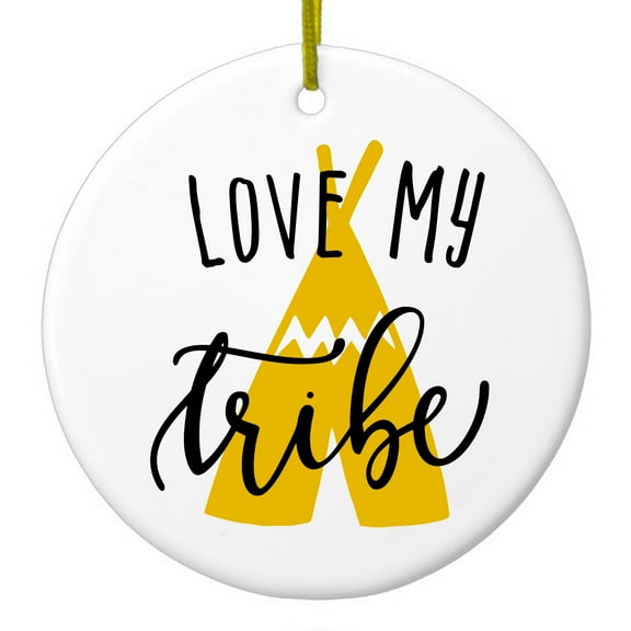 DistinctInk Hanging Ceramic Christmass Tree Ornament with Gold String - Great Gift / Present - 2 3/4 inch diameter - Love My Tribe - Yellow Teepee