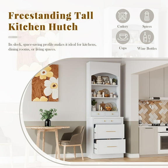 Newboti Furniture Modern 83.7inch High Kitchen Pantry, Freestanding Tall Kitchen Hutch with Faux Marble Top, Display Cupboard Cabinet with 5 Storage Drawers and Adjustable Shelf, White 91293