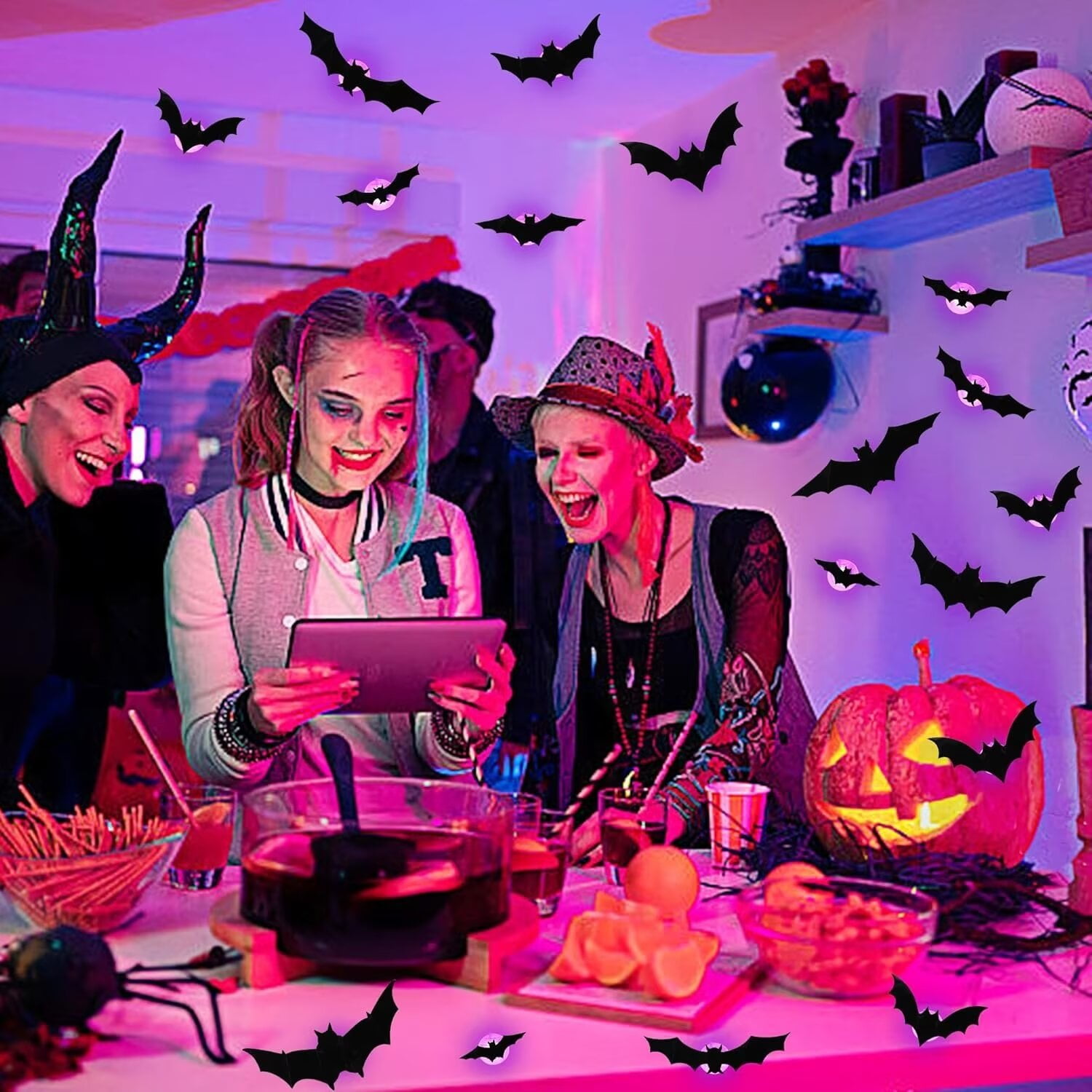 HOBLOC 96 pcs Lighted 3D Bats Stickers, Halloween Wall Decorations, Waterproof Scary Bats Wall Decals DIY Home Window Decor, Removable Bats for Indoor Outdoor