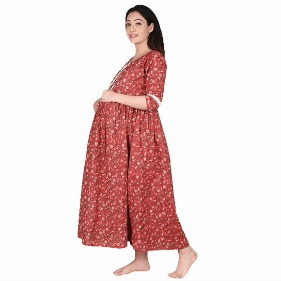 DWEEP SARA Robe de Maternité en Coton Rouge à Blocs Imprimés, TTG/44