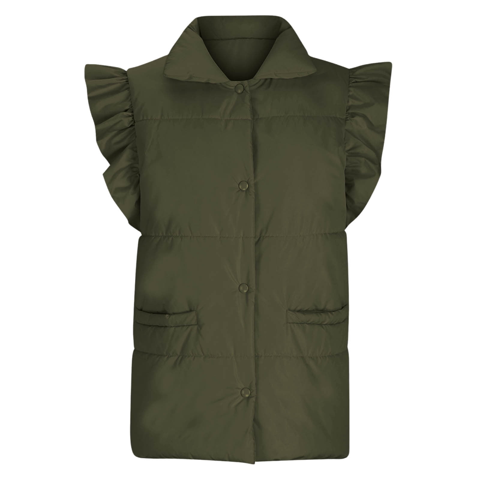 Lenpel Women's Padded Vests Button down Ruffle Sleeveless Puffer Jackets Lightweight Winter Coat with Pockets
