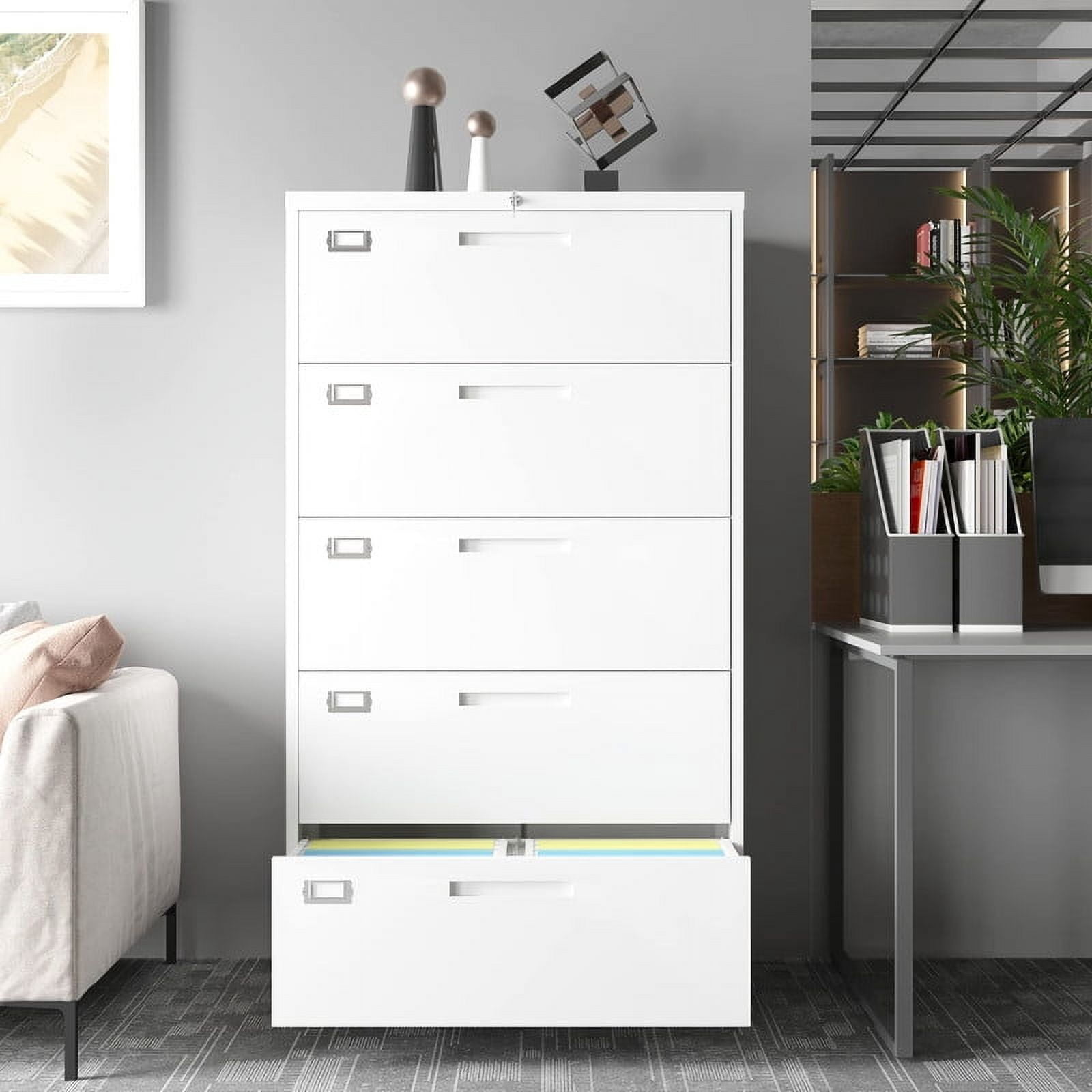 MIIIKO 5 Drawer File Cabinet with Lock, 5 Drawer Metal Filing Cabinet, Lateral Filing Cabinet with Lock for Home Office, Lockable Storage Cabinet for Hanging Files Letter/Legal/F4/A4 Size