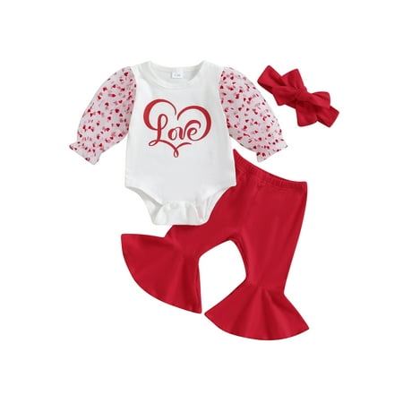 

Qtinghua 3Pcs Newborn Baby Girls Valentine’s Day Outfits Puff Sleeve Romper+Flare Pants+Headband Clothes White 3-6 Months