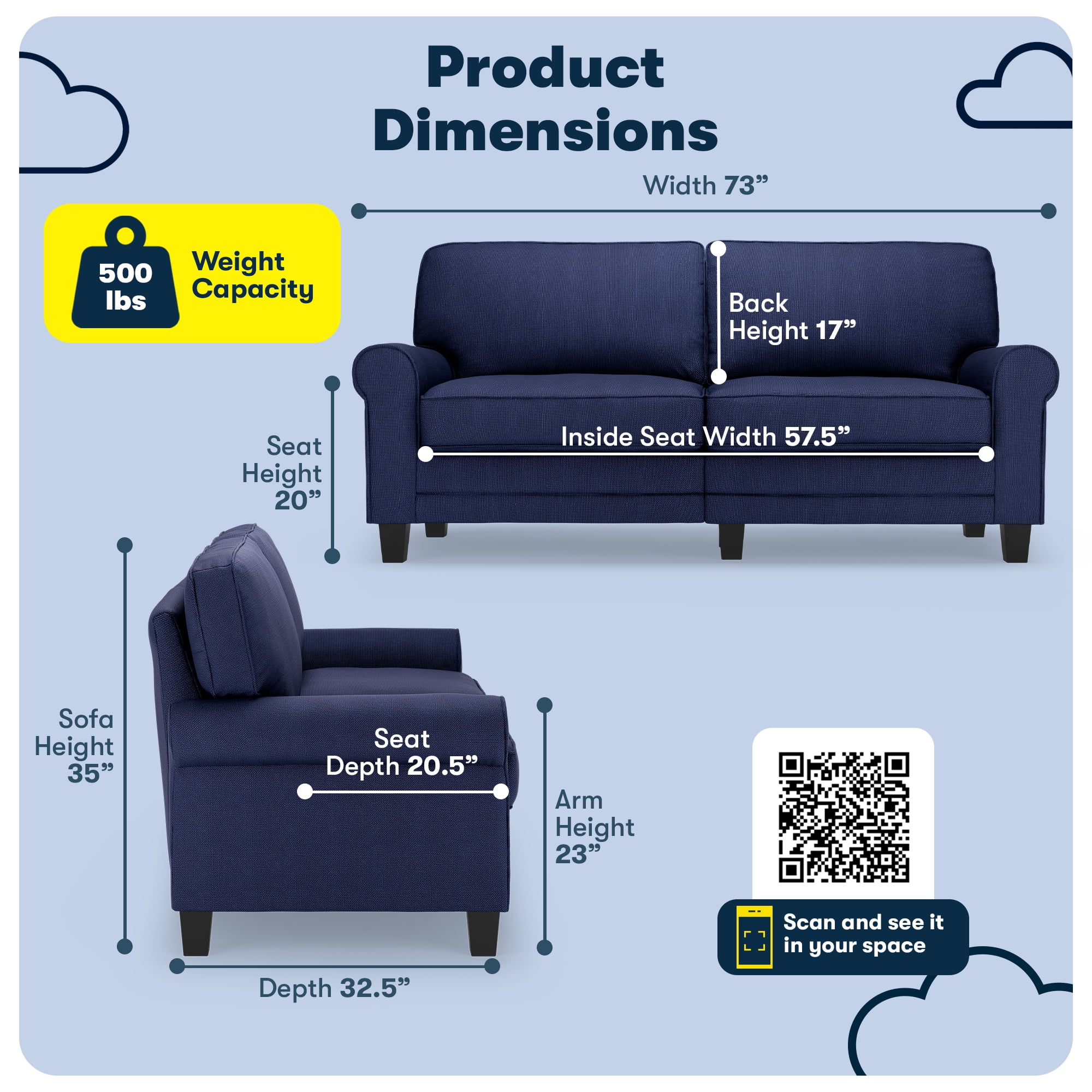 Serta Copenhagen 73" Rolled Arm Sofa, Easy Care Polyester, Loveseat or Couch for Small Spaces, Navy Blue