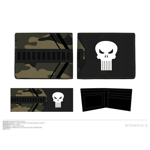 Marvel Universe Punisher Skull Logo Men's Black & Camo Bifold Wallet