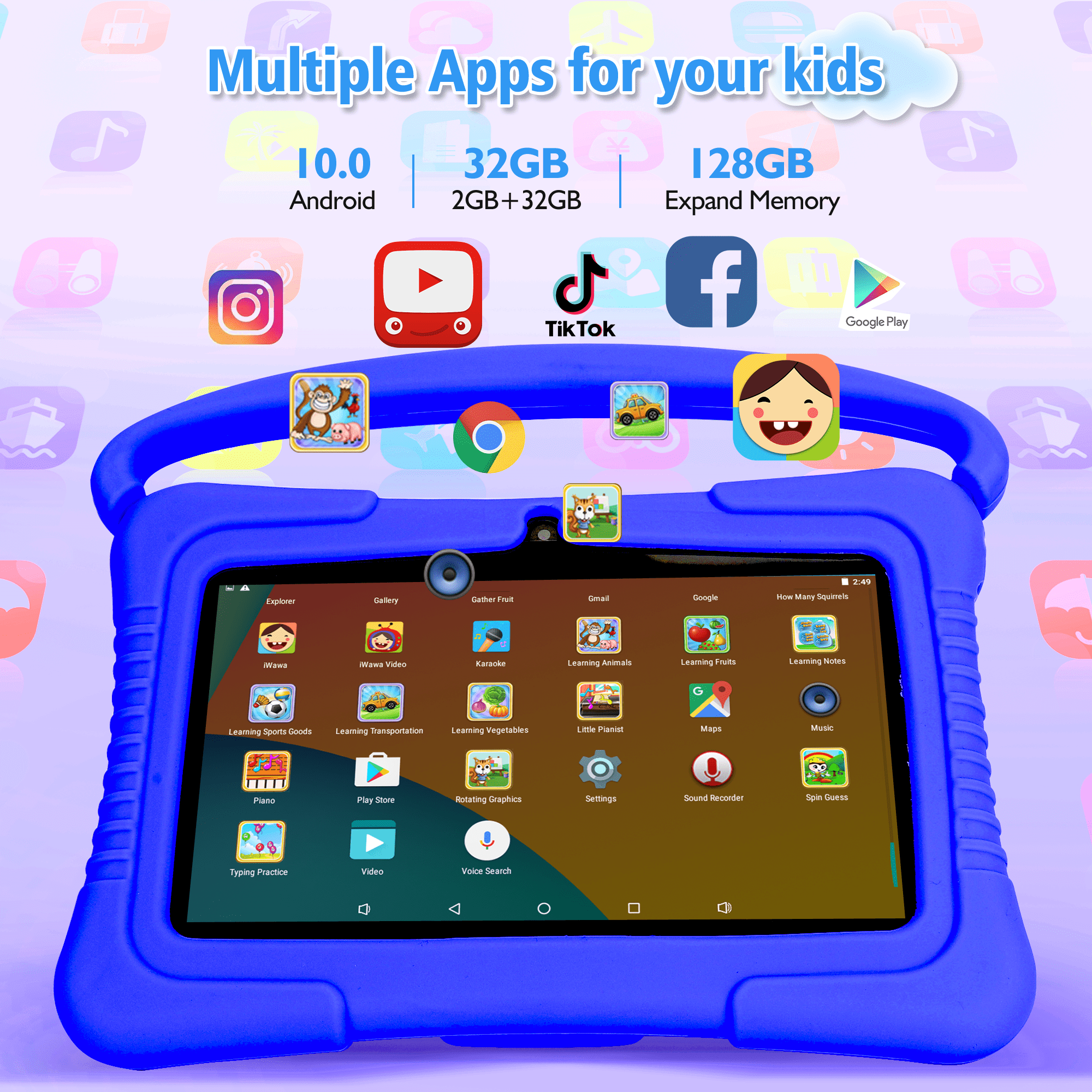 Veidoo 7 inch Android Kids Tablet, 2GB RAM 32GB Storage, Learning Tablet for Children, WiFi, Bluetooth, Dual Cameras, Parental Control, Toddler Tablet with Silicone Case(Dark Blue)