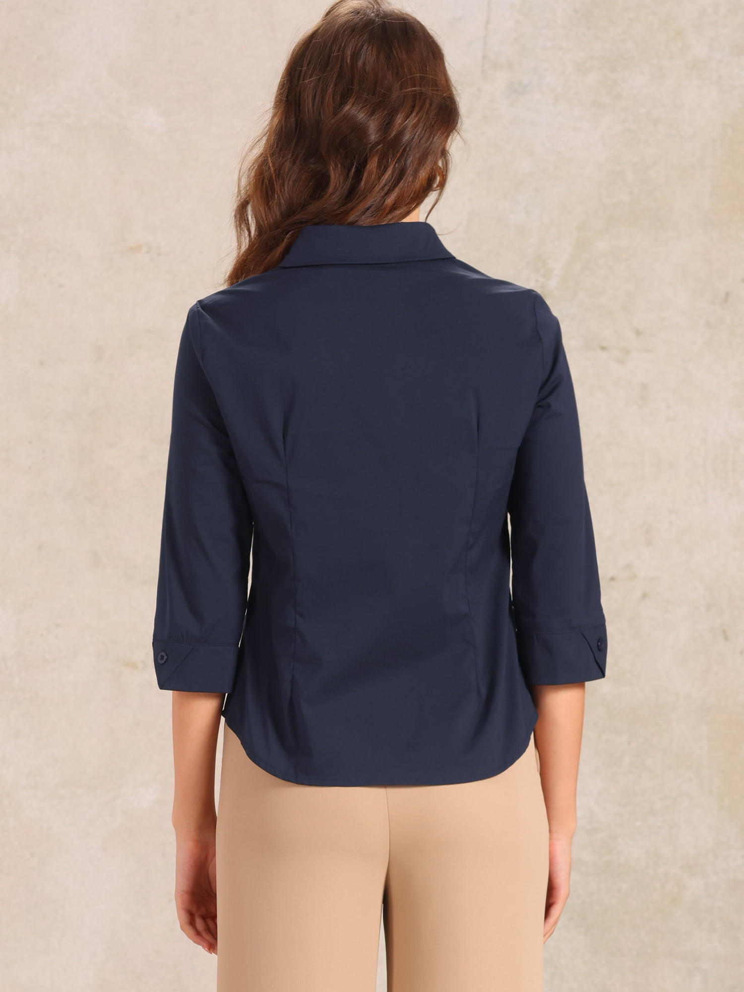 DARING DIVA Women's Button Down Collared 3/4 Sleeves Split Cuff Formal Top S Navy Blue