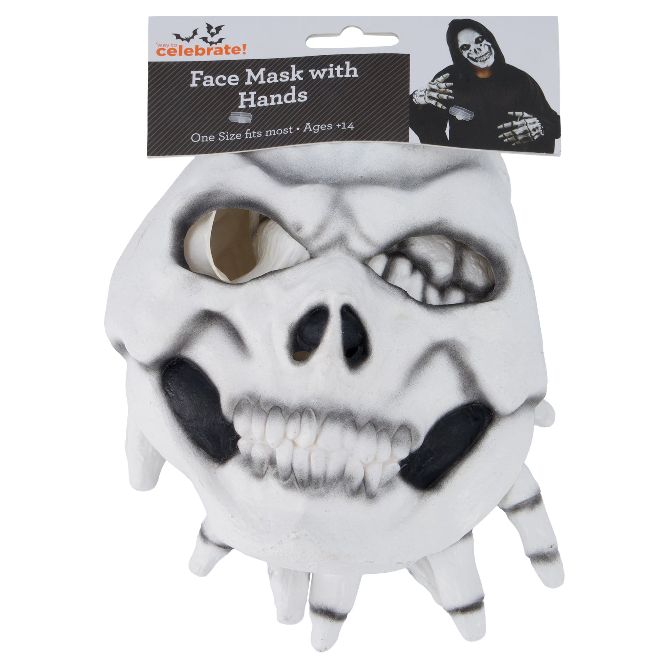 Skeleton Face Mask with Hands Costume Accessory Kit for Adults, White and Black, Halloween by Way To Celebrate
