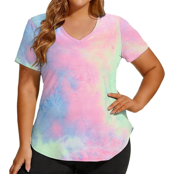 Jane Wardrobe Women's Plus Size Tie Dye V Neck T-Shirt, Loose Fit Curved Hem Casual Top, 1 Piece, S-XXL Plus Size Friendly