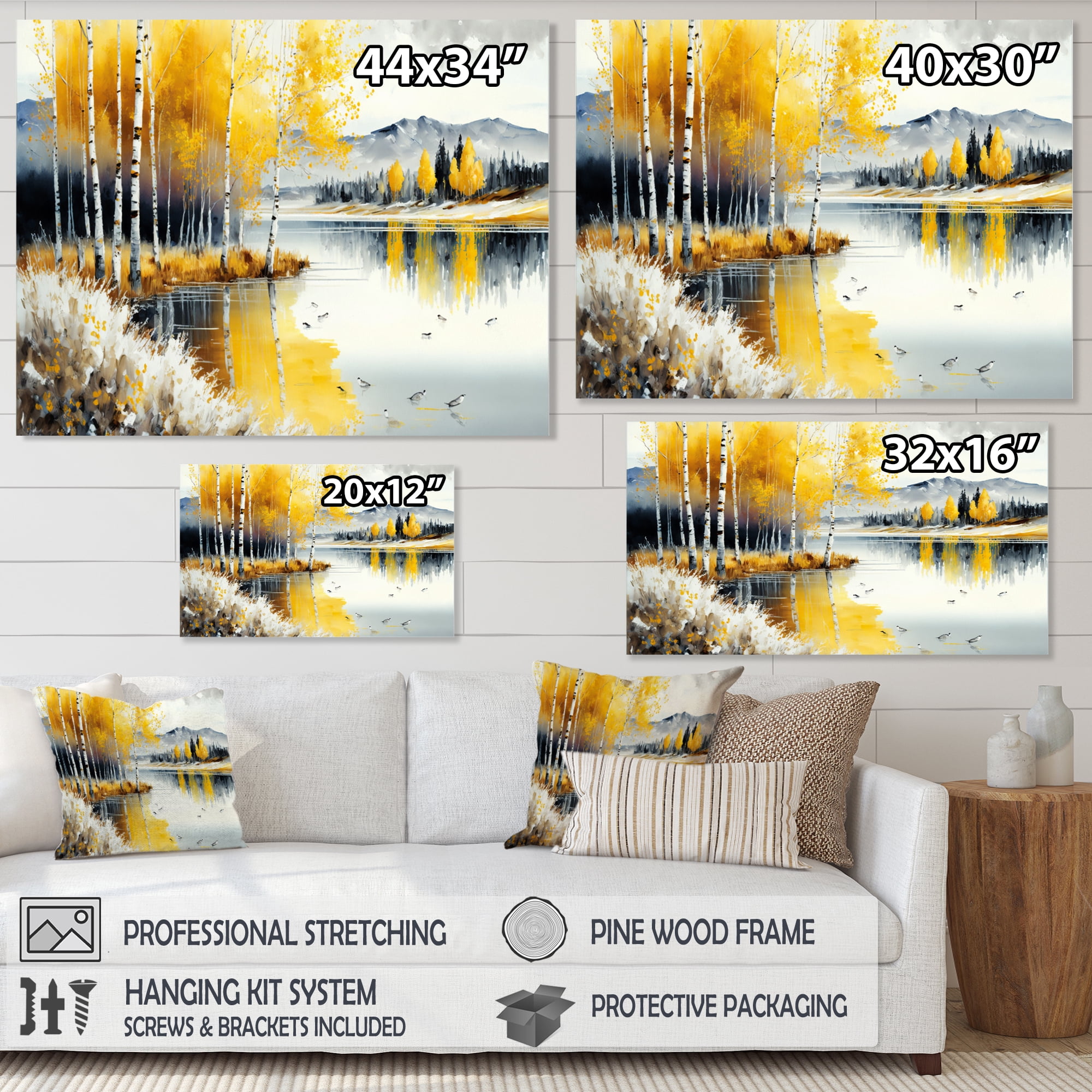 Designart Monochrome Golden Birch Trees By The Lake IV Canvas Wall Art