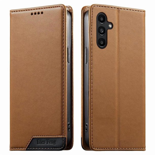 Funda Tipo Cartera de Cuero Sintético para Samsung Galaxy A14 Bloqueo RFID, con Ranuras para Tarjetas y Bolsillo para Efectivo, Cierre Magnético Fuerte Marrón