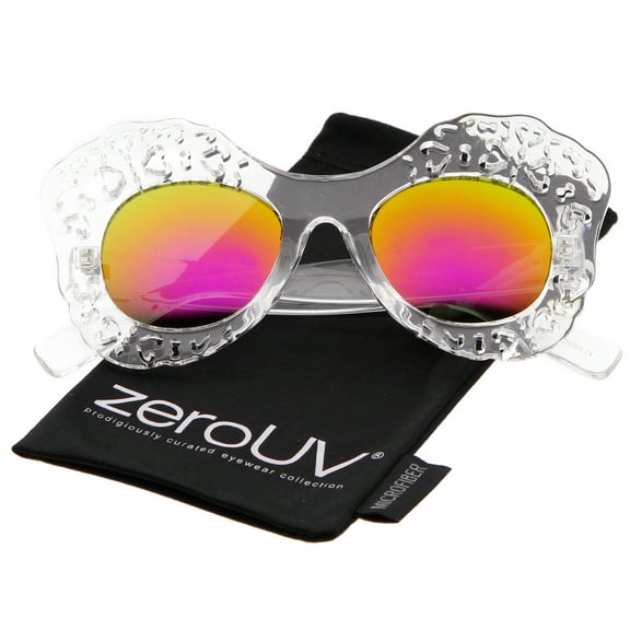 zeroUV Female Transparent Cutout Frame Colored Mirror Lens Oversize Butterfly Sunglasses (Clear / Magenta Mirror) - 49mm