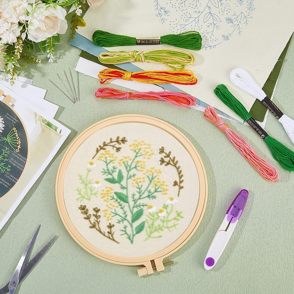 4 Sets Flower Embroidery Kit Floral Embroidery Pattern Spring Floral Plant Colorful with Cloth Hoop Threads Needles Sewing Skill Techniques Stamped Stitch Kits for Adult Beginners Craft 1set
