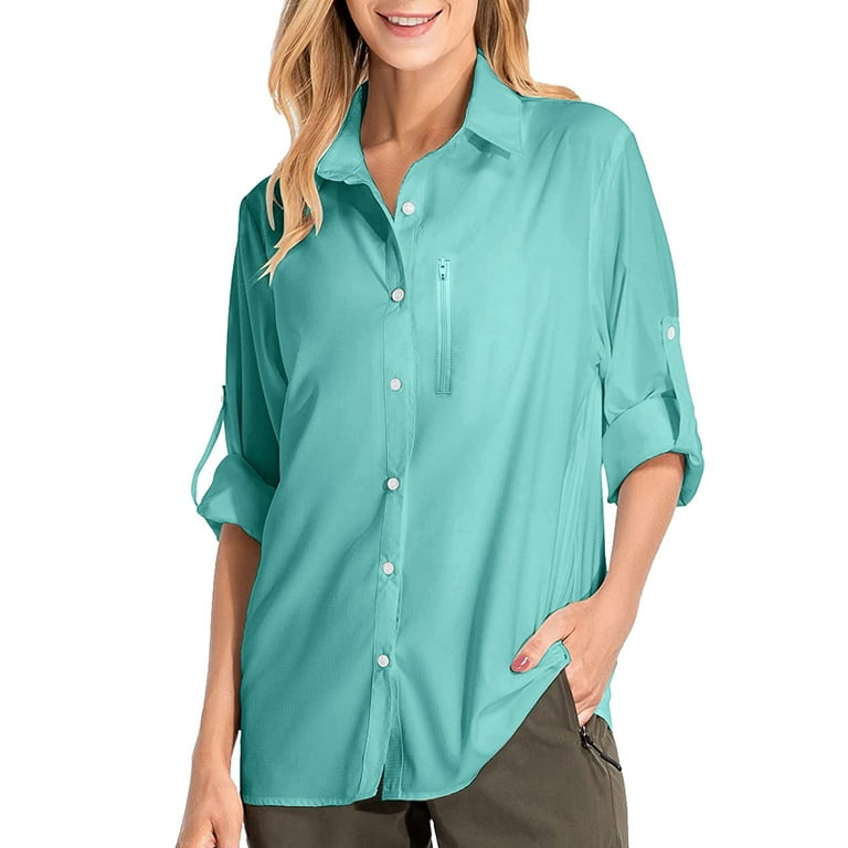 Kcodviy Womens Shirts UPF 50+ Sun Long Sleeve Outdoor Cool Quick Dry Fishing  Hiking Shirt Long Sleeve Button down Dress Cotton Tips for Women Elbow  Length Sleeves Tops Formal Shirts for Women