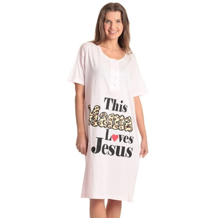 

Just Love Short Sleeve Nightgown Oversized Screen Print Sleep Dress for Women (Pink - This Mama Loves Jesus Small)