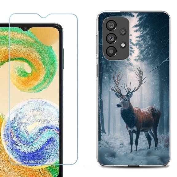 Shockproof Fashion Phone Case for Samsung Galaxy A23 5G, with Tempered Glass Screen Protector, by OneToughShield ® - Deer Winter