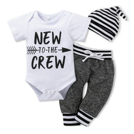 

Esho 3Pcs Newborn Baby Boys Little Bro/Dude Clothes Infant Letter Printed Romper Bodysuit +Long Pants +Beanie Cap Outfits Set For 0-18 Months
