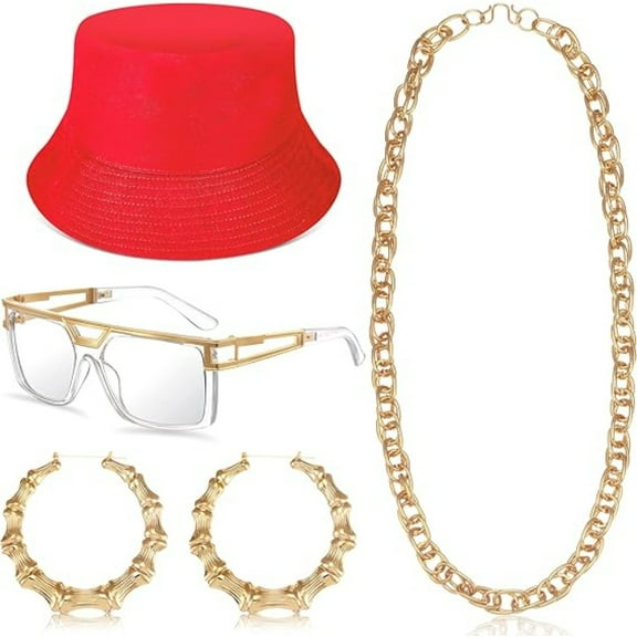 4-Piece 80s 90s Hip Hop Costume Kit, Gold Rapper Jewelry Set with Chain, Hoop Earrings, Glasses & Bucket Hat for Theme Party Outfits