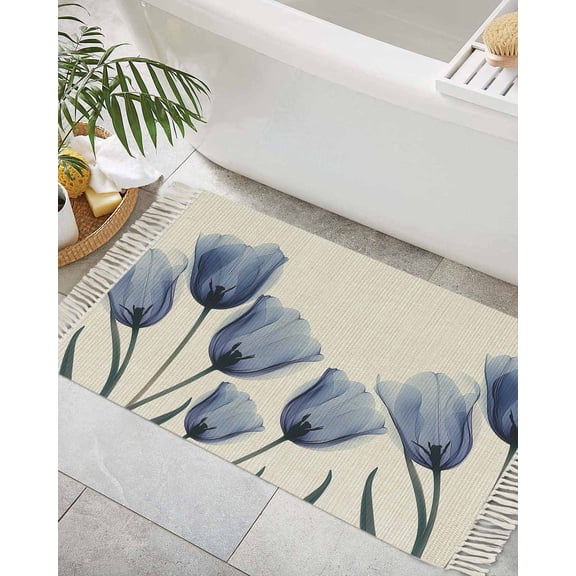 Blue Tulip Bath Rug 2x3ft Woven Bathroom Entryway Runner Rug,Rustic Spring Floral Summer Botanical Washable Living Room Hallway Bedroom Kitchen Carpet with Tassels,Indoor Outdoor Throw Doormat