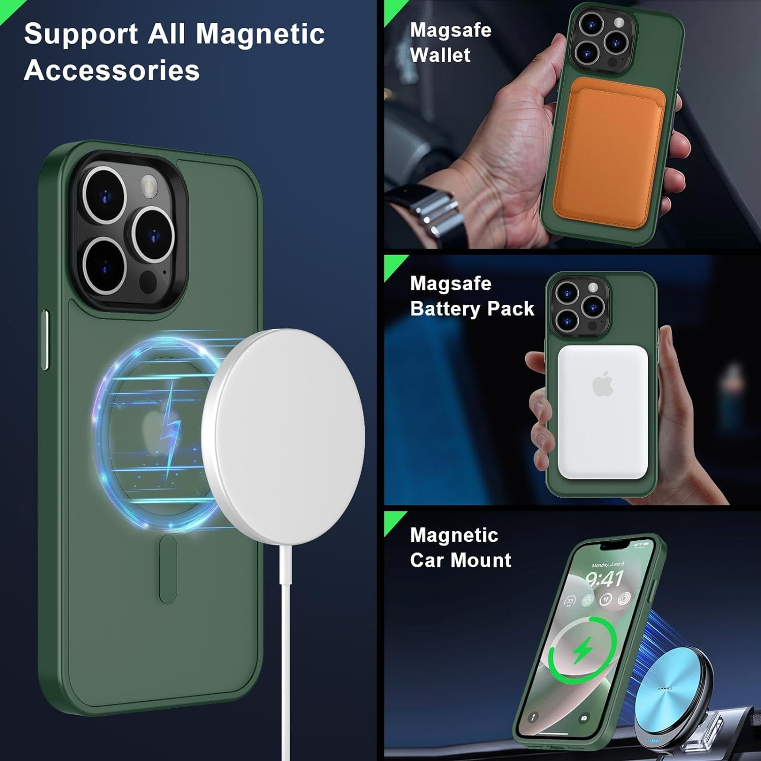 Designed For Compatible with Magsafe for Apple iPhone 12 Pro Max Magnetic Case with Screen Protector+Camera Lens Glass, Heavy Duty Slim Shockproof Magnetic Case for iPhone 12 Pro Max, Green