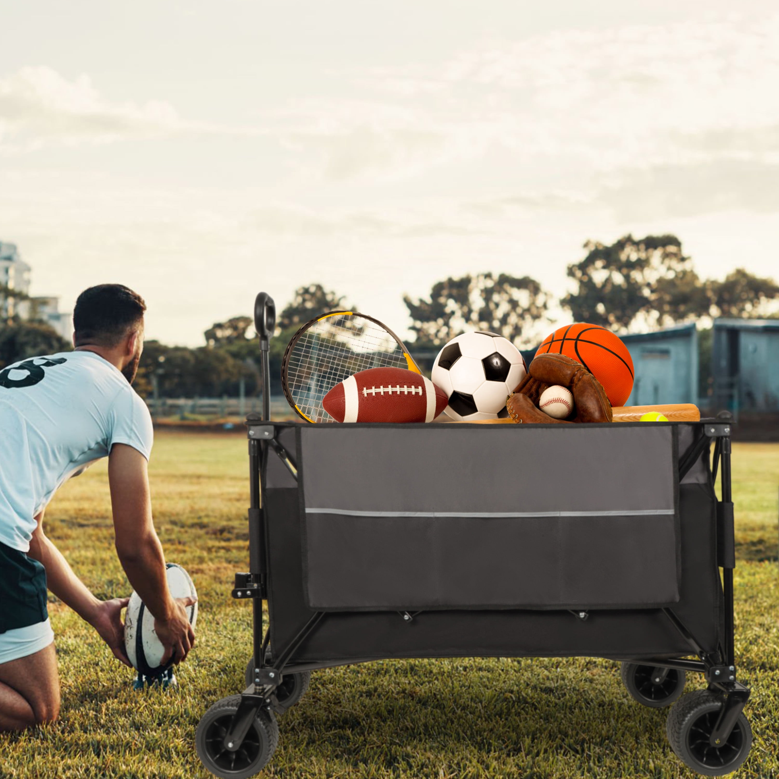 Folding Wagon Cart with 480lbs Capacity, All-Terrain Wheels, Side Pockets, Brakes & Drink Holders for Camping, Beach, Sports, Gardening