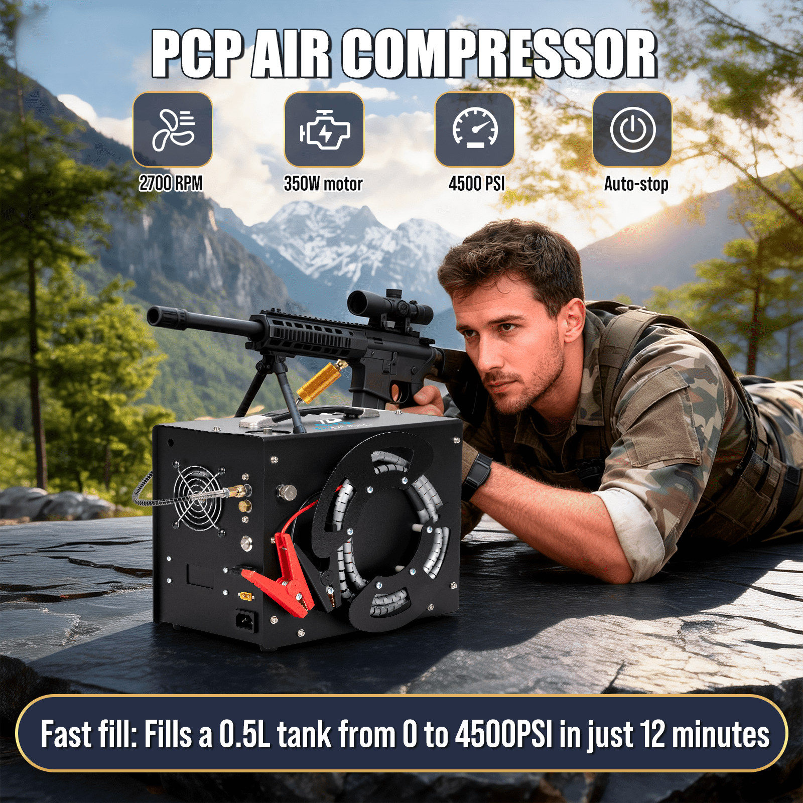 TUDIVING 4500 PSI PCP Air Compressor, Auto-Stop Portable Air Pump, 12V DC/110V AC with Built-in Converter for PCP Air Rifles