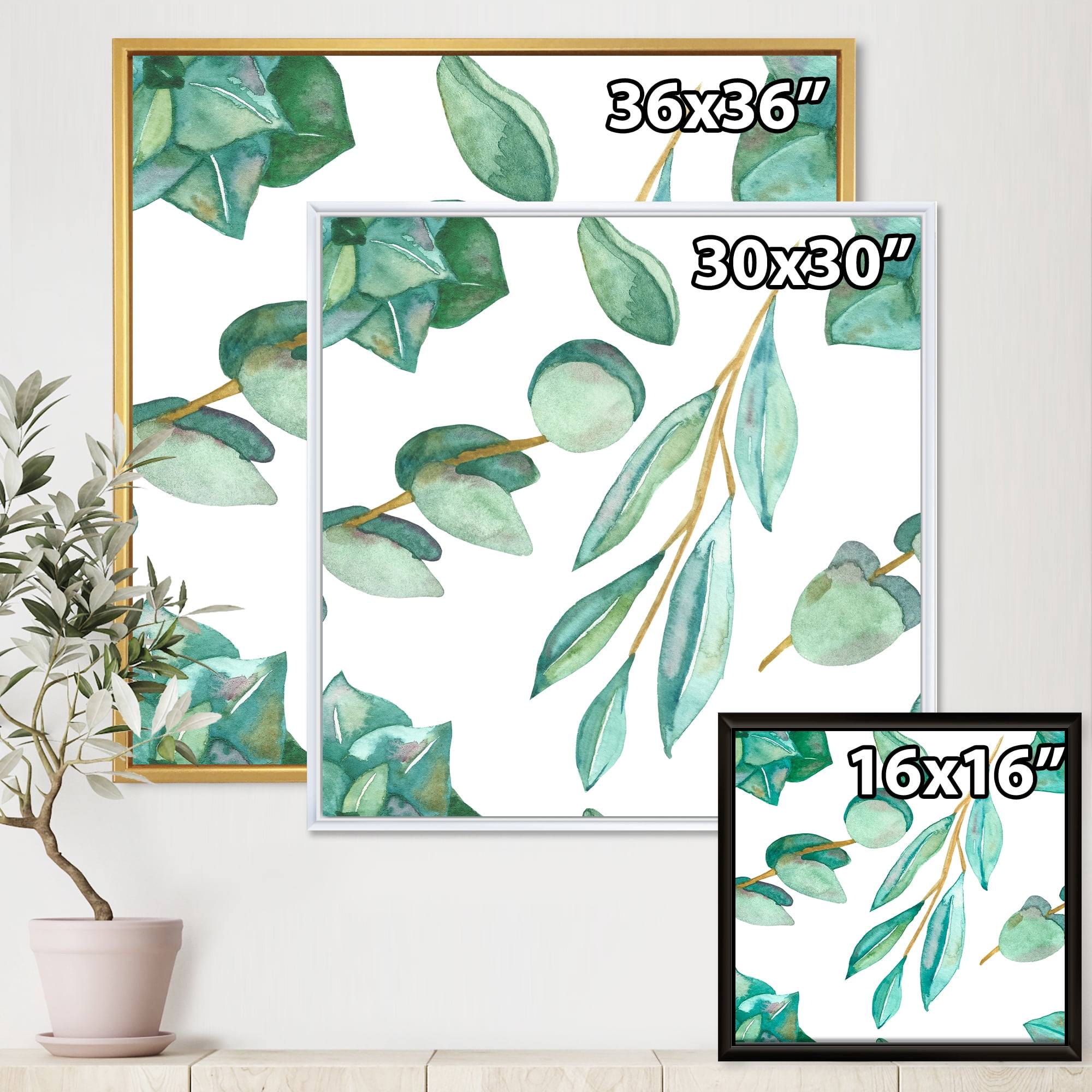 Young Eucalyptus Branches and Leaves III 16 in x 16 in Framed Painting Canvas Art Print, by Designart