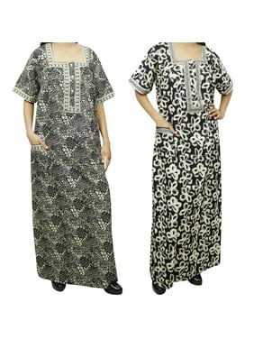 Mogul 2 pc Women's Caftan Maxi Dress Black Printed Sleepwear Nightgown Kaftan XL