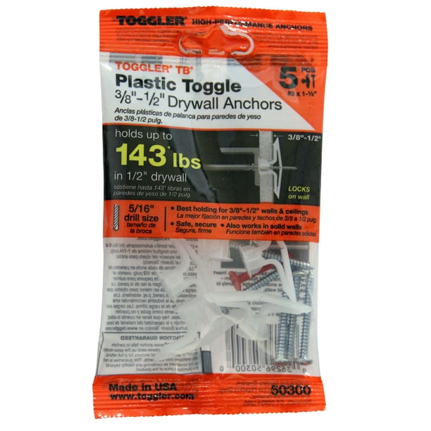 Toggler Plastic Toggle Anchors Tb 174 5 Piece Bag Of Residential Drywall 3 8 1 2 Grip Range W The X Combo Head S Setting Keys Com - How To Use Plastic Toggle Drywall Anchors