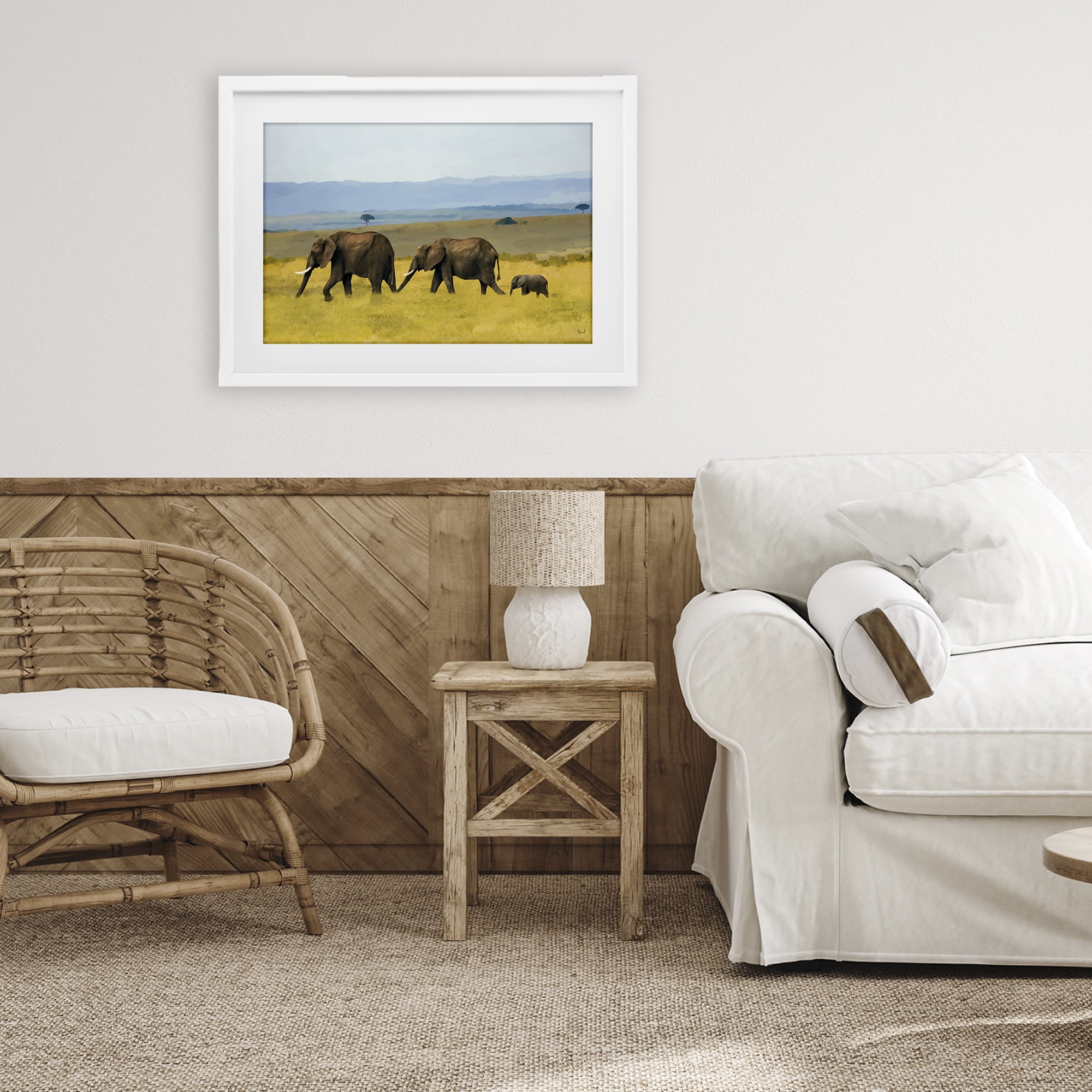 Stupell Industries Elephants In The Grassland White Framed Print Under Glass, design by Renel Peters
