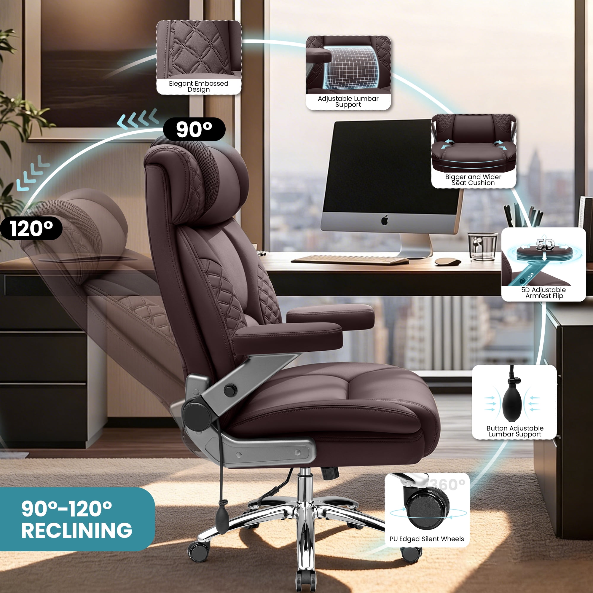 FASTES Leather Office Chair Big and Tall Desk Office Chair, 500lbs Computer Chair Ergonomic Extra Wide Gaming Chair with Adjustable Lumbar Support 5D Flip Arms,Coffee