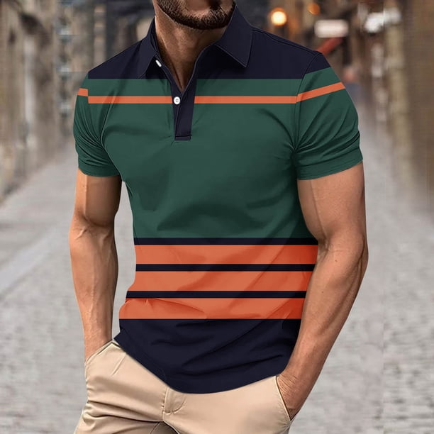 Blusa y camisa de manga corta con cuello vuelto para hombre, blusa deportiva informal con botones y estampado de rayas, blusa de manga corta con cuello vuelto para hombre, blusa de poliéster para homb