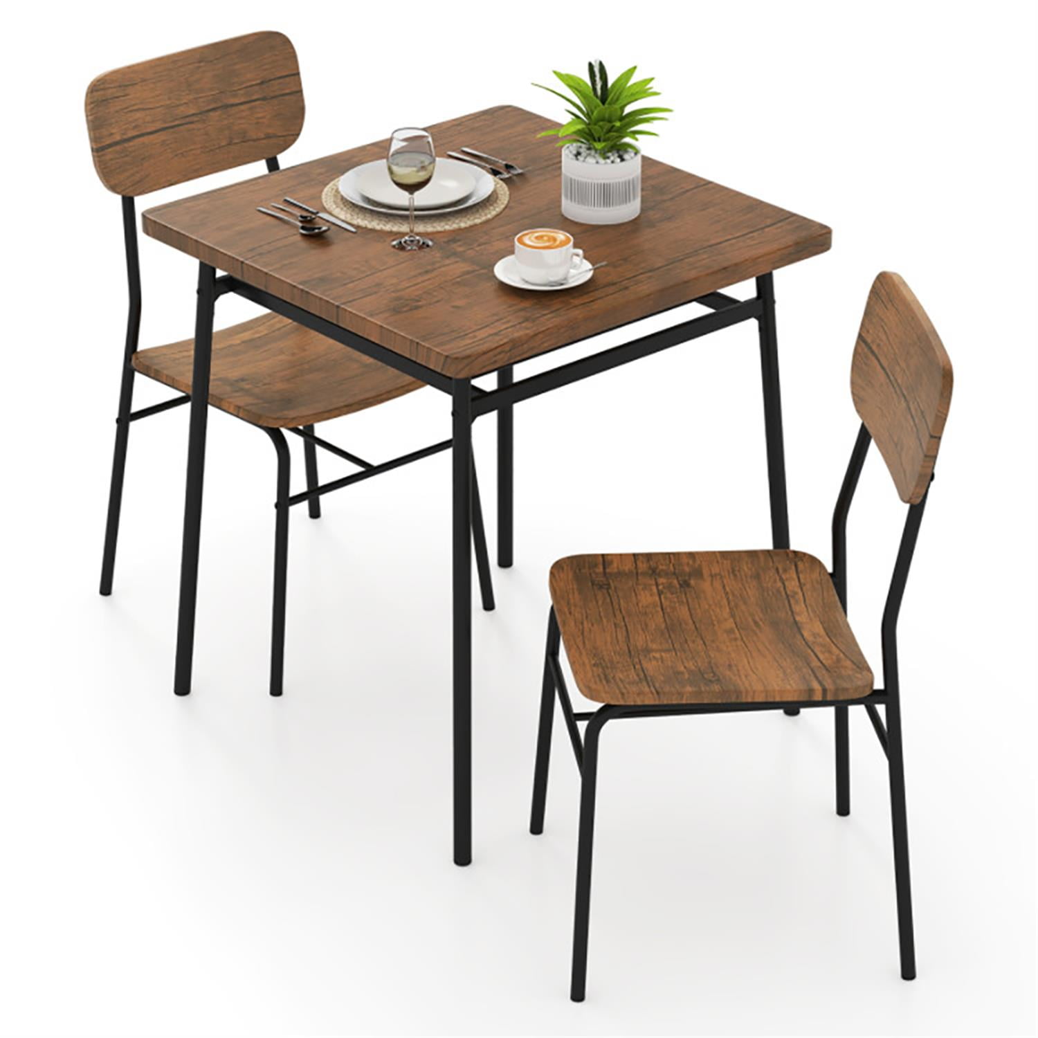 Demi Bonn 3-Piece Dining Table Set with 2 Chairs, 28" Wood Square Kitchen Table with Metal Frame, Perfect for Small Space, Brown