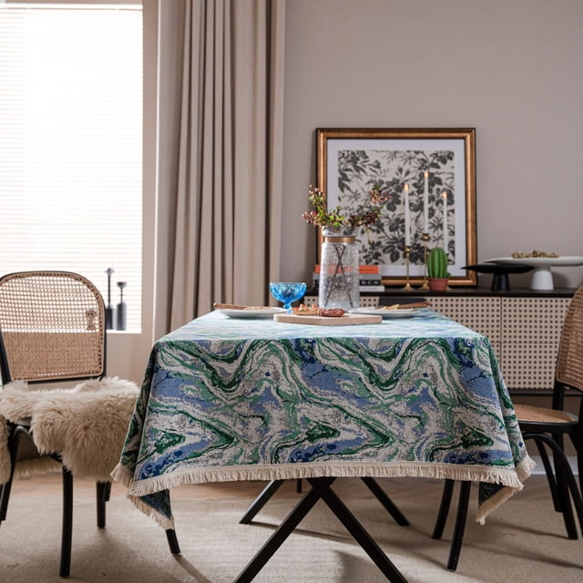 XmhyTop Retro Tablecloth Fabric Home Rectangular Table Fabric Geometric Tea Table Fabric Long Bar Meal Pad Fabric Desk Pad Printed Tablecloth (Green, 90 * 90cm)