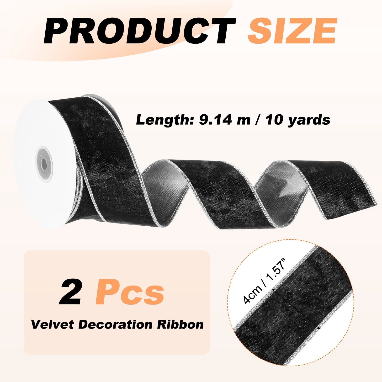 Uxcell Velvet Wired Ribbon, (1.6 Inch x 10 Yards, 2 Pcs)(Black) Velvety Gold Crushed Ribbons Gift Wrapping Binding, Suit For- Crafts/Bow/Wreaths/Christmas Tree Decoration