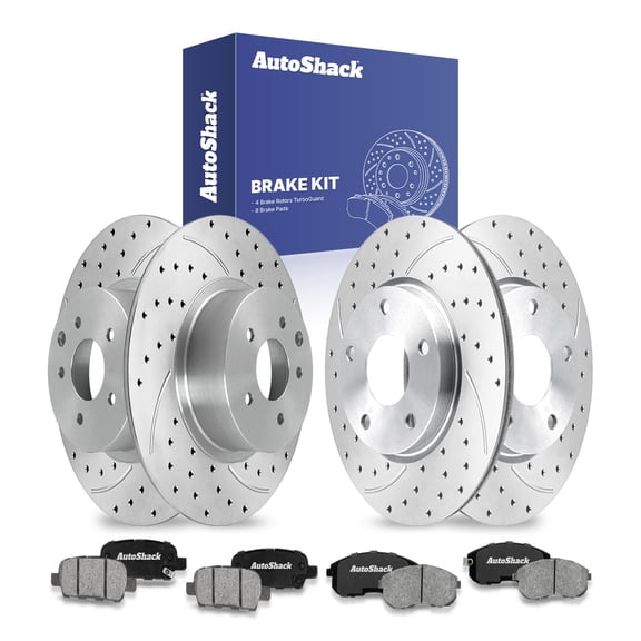 AutoShack Front & Rear Brake Rotors & Ceramic Pads for Nissan, Altima 2007-2009, FWD L4 2.5L V6 3.5L - Coated Drilled & Slotted - Silver Matte Finish - TurboGuard