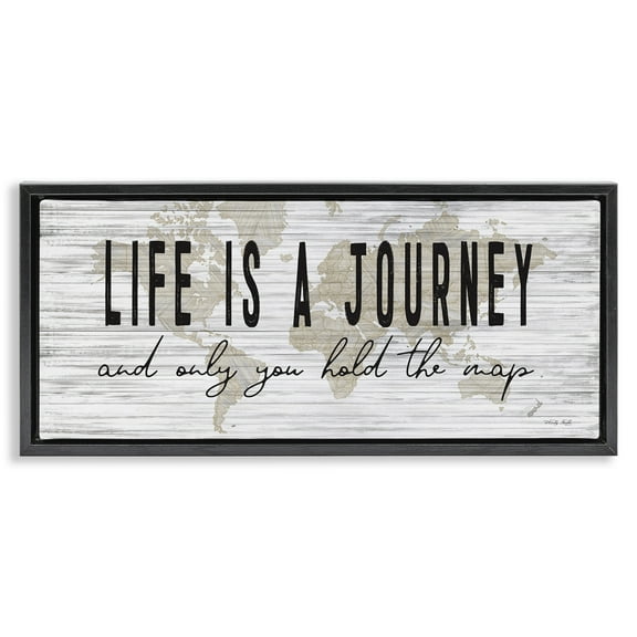Stupell Industries Life Is a Journey Rustic World Map Inspirational Painting Black Floater Framed Canvas Art Print Wall Art, 25 x 11