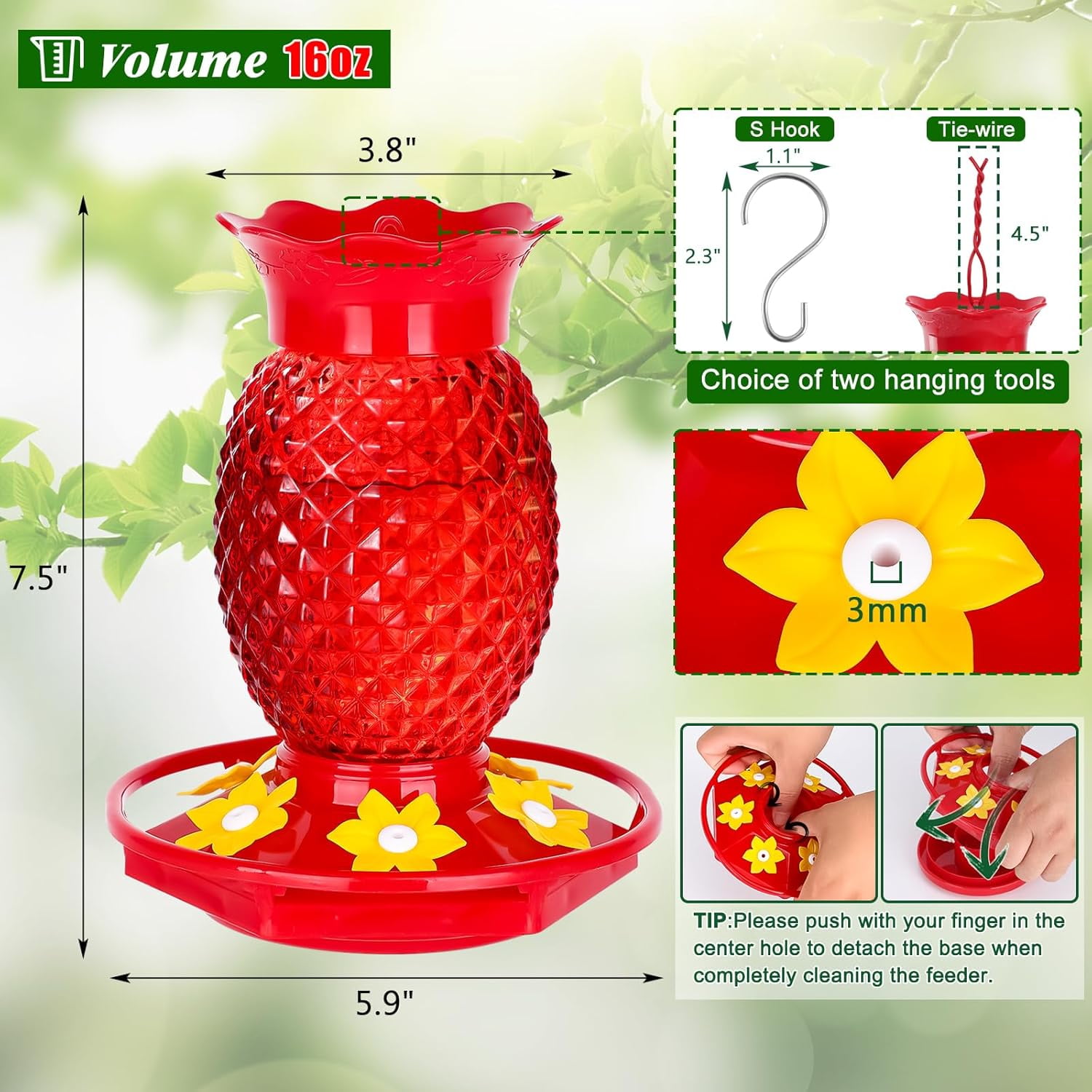 Glass Hummingbird Feeders for Outdoors Hanging 16oz 2 Pack Red Pineapple Bee & Ant Proof 360°Perch Leakproof Easy Clean with 6 Feeding Ports Gifts for Mom