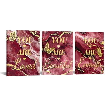 3 Piece You Are Laugh You Are Loved You Are Beautiful Butterfly Red and Gold Poster Prints Wall Art Motivational Canvas Painting Framed Artwork for Living Room Office Decoration