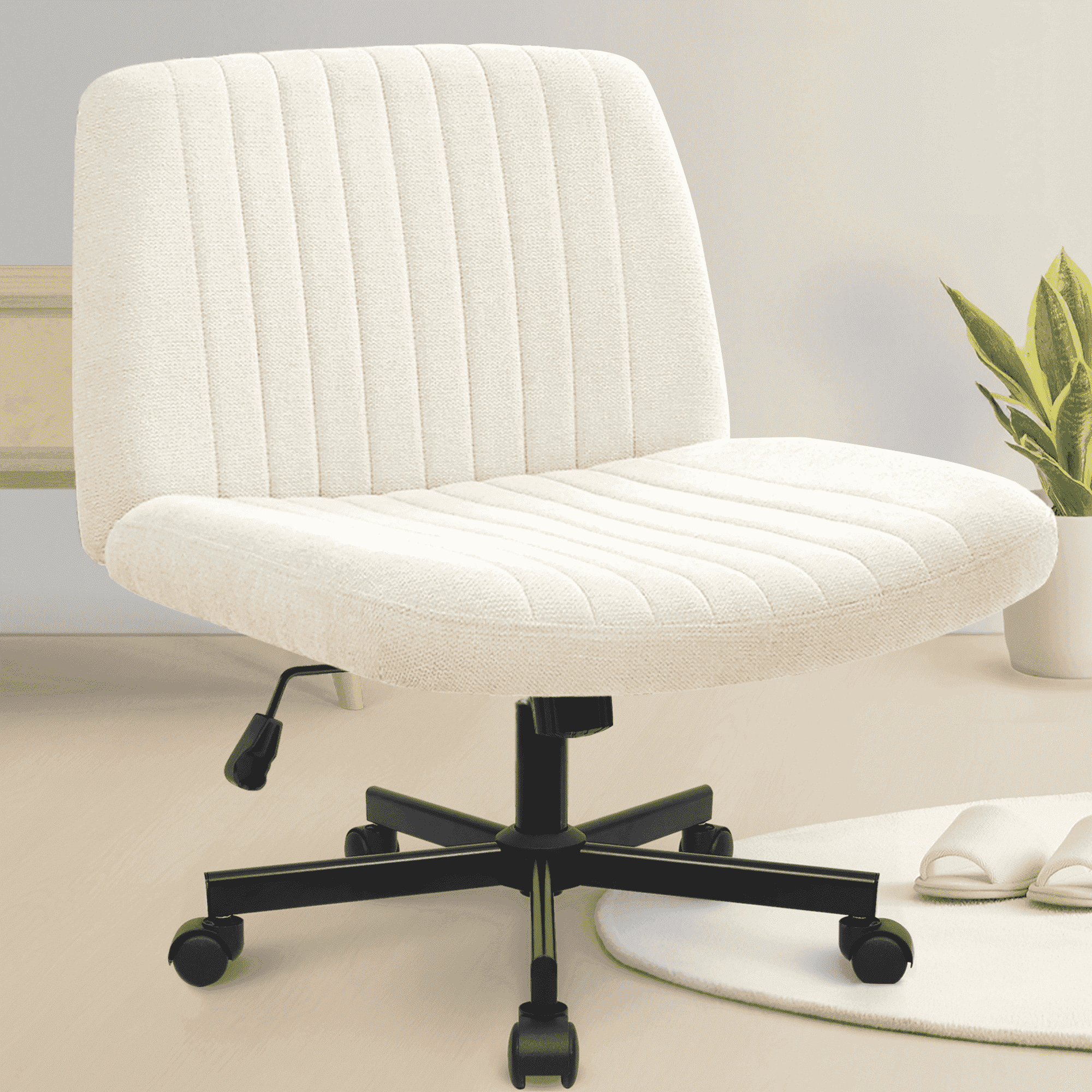 Celtoss Criss Cross Legged Home Office Chair, Fabric Armless Swivel Task Computer Chair with Wheels, Wide Seat, Vanity Chair, Comfy Chair, Beige