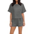 thumbnail image 5 of Bovxnpu Women 2 Piece Outfits Short Sleeve Pants Set Loungewear Sets Women's Solid Cotton Linen Tee & Pocket Shorts 2-Piece Set, 5 of 7