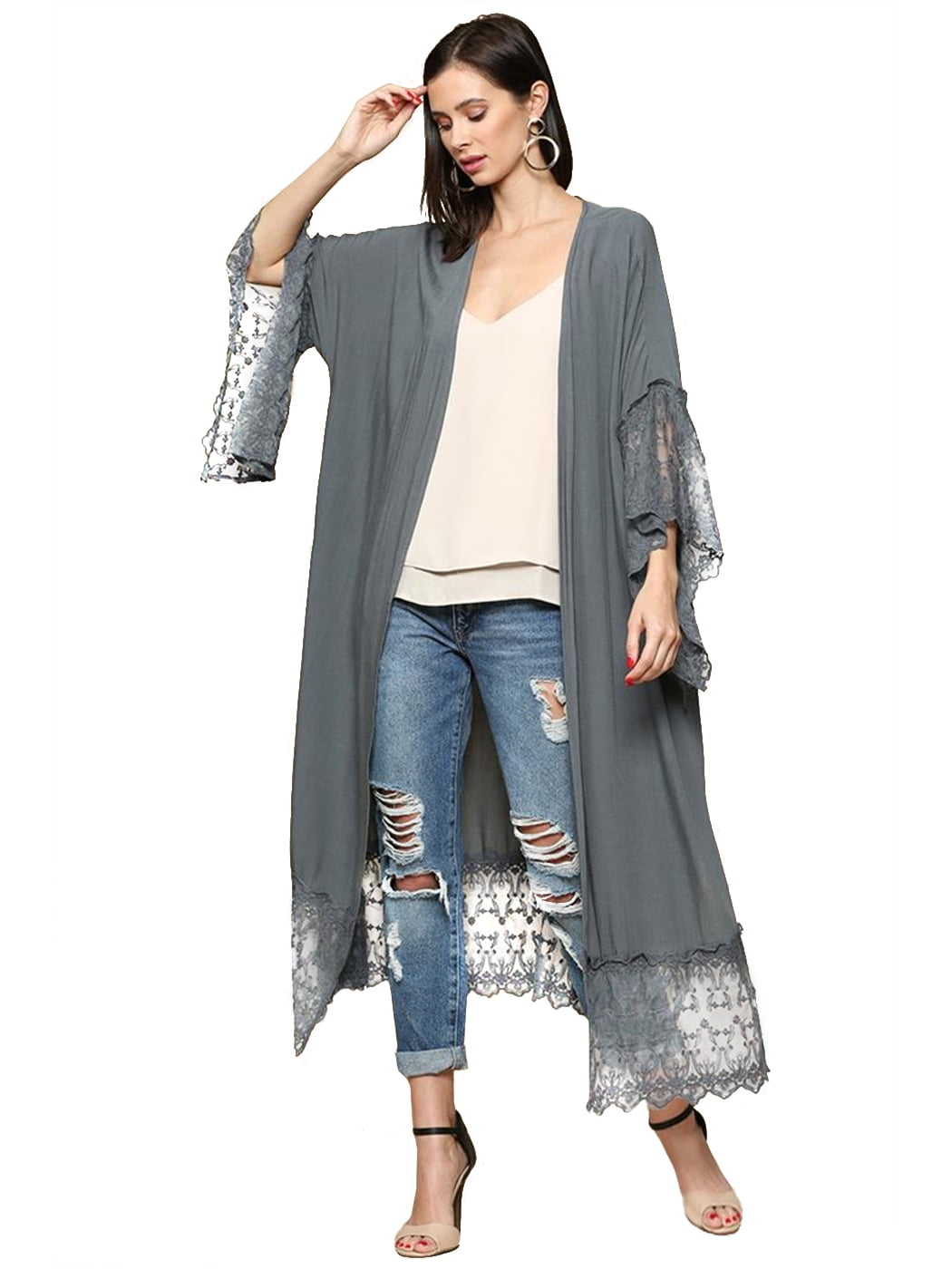 Womens Long Open Front Maxi Scallop Lace Boho Beach Coverup Kimono 