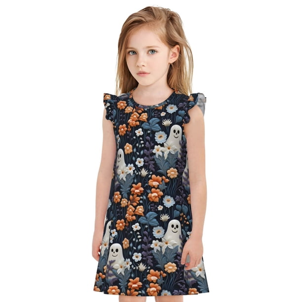 Balery Cute ghost in the flowers Camisón de princesa para niñas, pijama de algodón con mangas abullonadas, suave y bonito.-Large