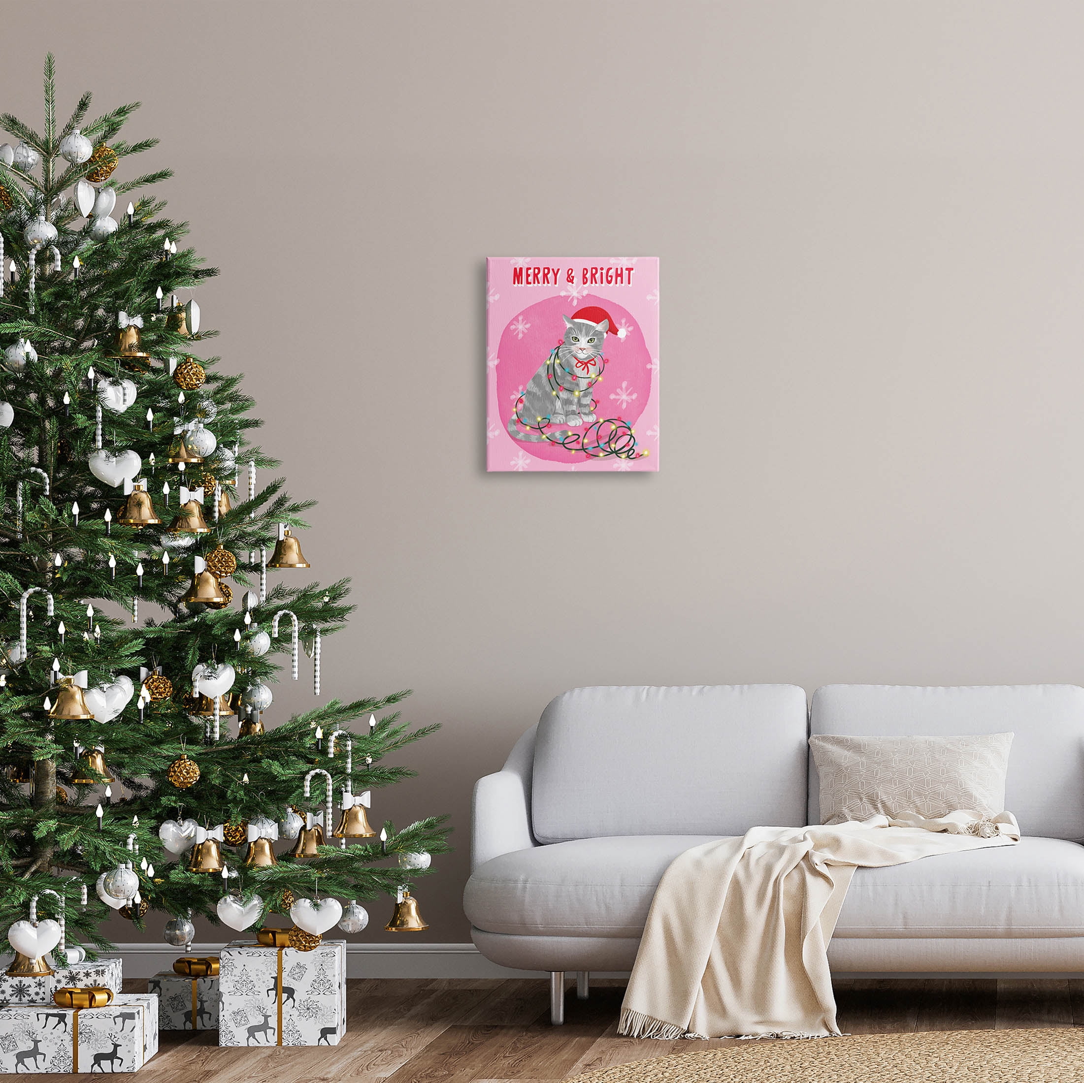 Stupell Industries Merry & Bright Christmas Cat Lights Graphic Art Gallery Wrapped Canvas Print Wall Art, Design by Be Ni La