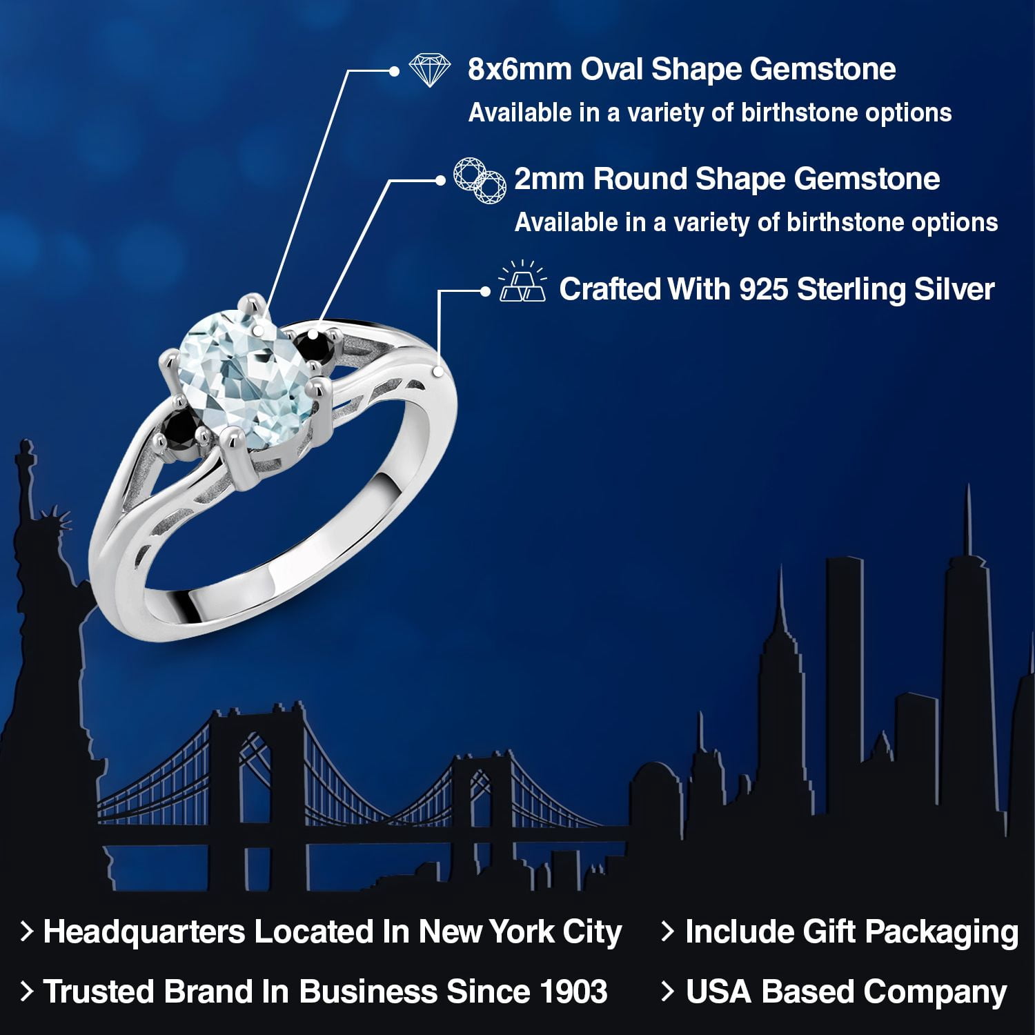 Gem Stone King 925 Sterling Silver Sky Blue Aquamarine and Black Diamond 3 Stone Engagement Ring for Women | 1.27 Cttw | Oval 8X6MM | Round 2MM | Gemstone March Birthstone | Size 9