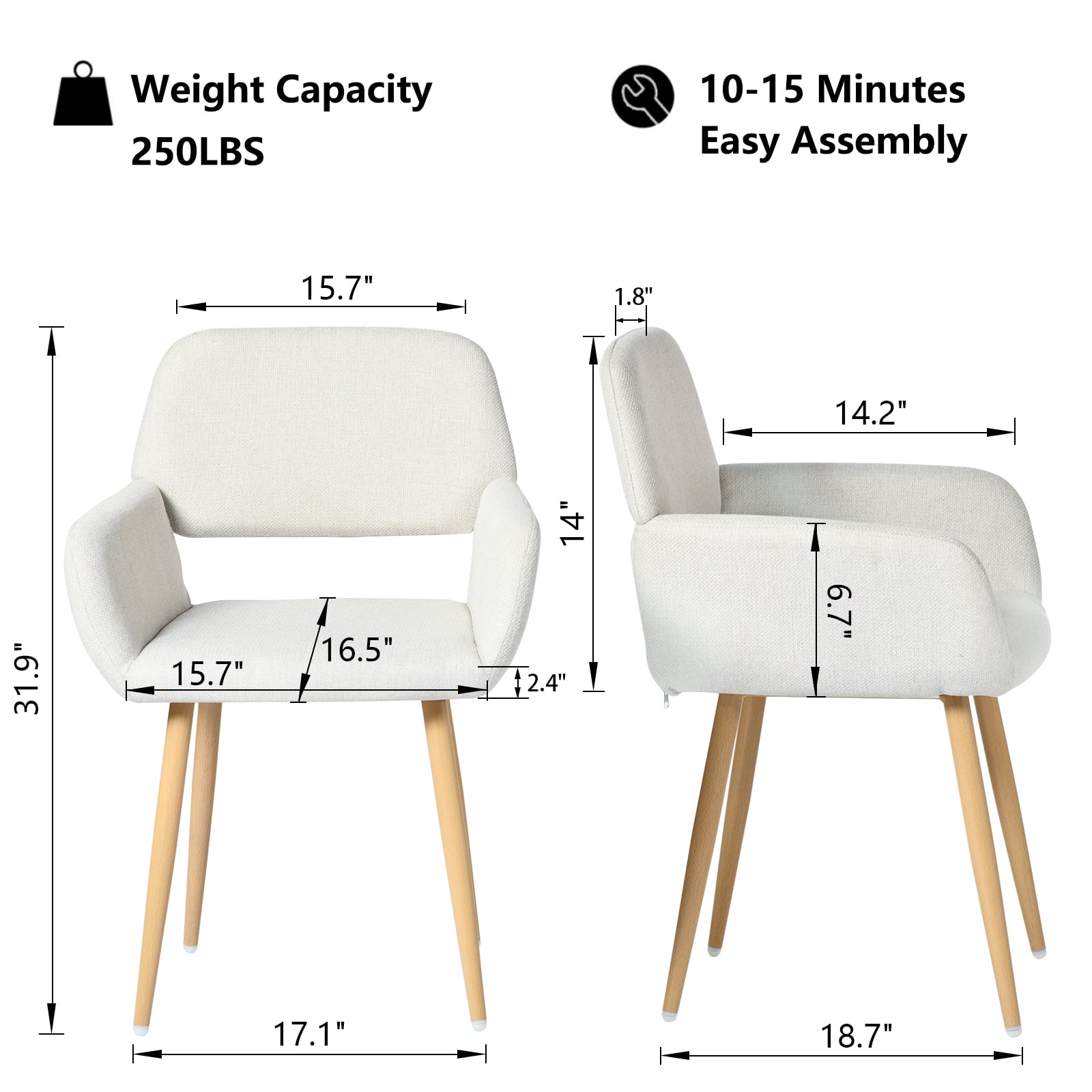 Homy Casa Set of 2 Beige Upholstered Dining Arm Chairs, Fabric Accent Chairs with Natural Wood Legs