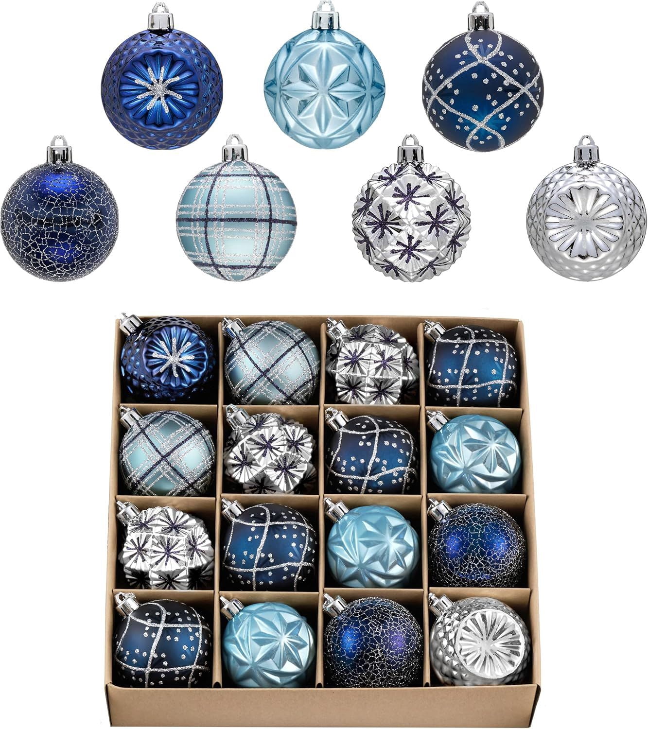 Ornaments for Christmas Trees, 16ct 2.36 Inches White and Silver Shatterproof Christmas Tree Decorations, Hanging Ball Ornaments for Xmas Holiday Party Decor