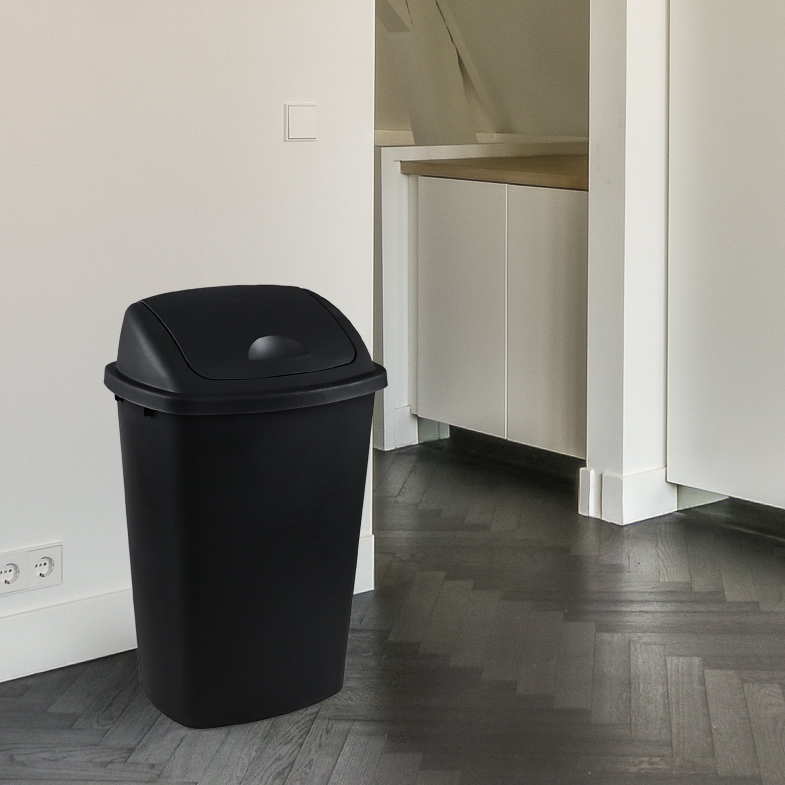 Xowine 13 Gallon Plastic Swing Top Trash Container, 4 Pack Black Plastic Trash Can with Lid for Kitchen