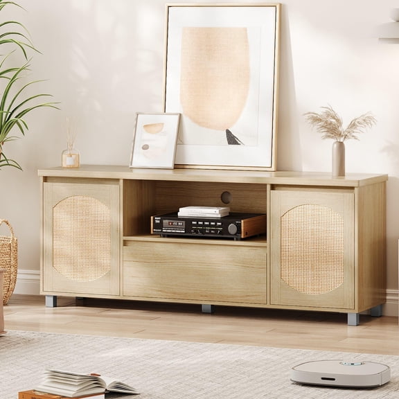 Emorefun Rattan TV Stand for up to 70" TVs, Boho Entertainment Center with Adjustable Shelf & Storage Drawer, Oak